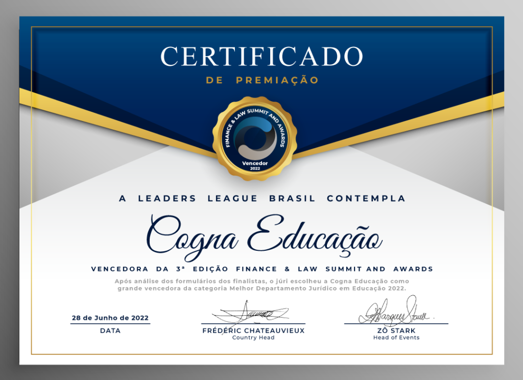 Certificado Cogna, como o melhor Departamento Jurídico no Setor de Educação do Brasil pelo Finance and Law Summit and Awards